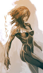  bodysuit breasts character_name commentary covered_nipples female highres humanization ikeda_masateru lips long_hair medium_breasts monochrome photoshop_(medium) valkyr_(warframe) warframe 