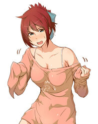  ahoge blue_eyes blush breasts cleavage commentary_request covered_navel cowboy_shot female hair_ribbon large_breasts motion_lines open_mouth oversized_clothes paw_print phantasy_star phantasy_star_online_2 red_hair ribbon shirt short_hair sleeves_past_wrists solo sweatdrop tokiwa_midori_(kyokutou_funamushi) yasaka_hitsugi 