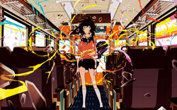  bag black_hair blue_eyes broken_glass bus bus_interior copyright_name debris english_text female glass looking_at_viewer motor_vehicle original shoulder_bag skirt solo standing supercell_(band) surprised uki_atsuya 