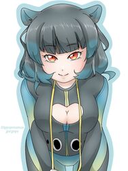  animal_ears blue_hair bodysuit breasts center_opening character_name cleavage commentary_request female grey_hair hippopotamus_ears hippopotamus_gorgops_(kemono_friends) kemono_friends large_breasts long_hair losmal_indicus multicolored_hair orange_eyes simple_background solo two-tone_hair upper_body white_background 