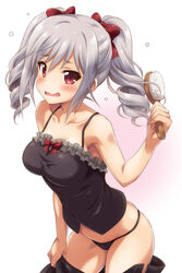  blush breasts camisole commentary_request dressing drill_hair female grey_hair hair_brush idolmaster idolmaster_cinderella_girls kanzaki_ranko medium_breasts panties photoshop_(medium) red_eyes solo twin_drills underwear uraichishi 