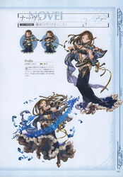  absurdres armlet bow_(music) breasts brown_eyes brown_hair chibi cleavage feathers female full_body granblue_fantasy hairband high_heels highres instrument long_hair medium_breasts minaba_hideo musical_note navel non-web_source novei_(granblue_fantasy) official_art open_mouth photoshop_(medium) scan solo teeth violin 