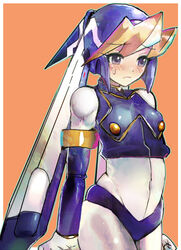  bangs blonde_hair blue_eyes blush bodysuit border breasts buttons byte_(grunty-hag1) capcom ciel_(rockman) cowboy_shot embarrassed eyebrow_visible_through_hair female gloves helmet inti_creates leviathan_(rockman) leviathan_(rockman)_(cosplay) orange_background outside_border rockman rockman_zero simple_background small_breasts solo standing white_border white_gloves 