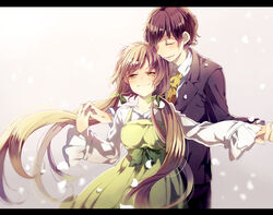  1boy :d ^_^ black_hair blush bow closed_eyes commentary_request couple dress female floating_hair formal gradient_background green_dress grey_hair hair_over_shoulder hair_ribbon hand_grab happy happy_tears holding_hands letterboxed light_smile long_hair long_sleeves looking_at_viewer low_twintails mugi_(twinbox) necktie nein_(album) open_mouth outstretched_arm parted_bangs petals ribbon shokumotsu-ko shokumotsu-ko&#039;s_husband smile sound_horizon straight suit tears twintails very_long_hair wide_sleeves yellow_eyes 