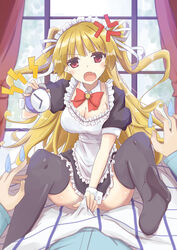  black_legwear blonde_hair breasts cleavage clock cowgirl_position female long_hair maid open_mouth original red_eyes spread_legs yuma_(artist) yuuma_(noel) 