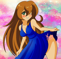  alternate_costume alternate_focus bare_arms bare_shoulders bent_over blue_dress blush breasts brown_hair capcom cleavage dress dress_lift female green_eyes hair_between_eyes iris_(rockman_x) kamira-exe large_breasts leaning_forward long_hair looking_at_viewer looking_to_the_side one_eye_closed rockman rockman_x rockman_x4 sideboob signature smile solo wink winking 