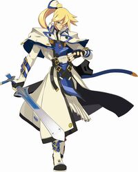  1boy 3d blonde_hair blue_eyes capelet fingerless_gloves gloves guilty_gear guilty_gear_xrd hand_on_hilt highres ky_kiske long_coat long_hair magnolia_eclair_ii male_focus official_art ponytail scabbard sheath sheathed solo sword weapon 