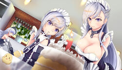  3girls apron azur_lane belfast_(azur_lane) braid breasts brick_wall cake chains choker cleavage commentary_request cooking edinburgh_(azur_lane) elbow_gloves food french_braid glasses gloves highres icing kitchen ladle large_breasts leaning_forward little_bel_(azur_lane) long_hair maid maid_headdress multiple_girls pot purple_eyes side_braid spatula spekkio36 white_hair 