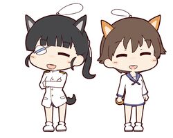  2girls animal_ears black_hair blush brown_hair chibi commentary_request dog_ears dog_girl dog_tail eyepatch highres honda_takashi_(enorea) long_hair military military_uniform miyafuji_yoshika multiple_girls open_mouth partial_commentary ponytail sakamoto_mio school_uniform short_hair smile strike_witches swimsuit swimsuit_under_clothes tail uniform world_witches_series 