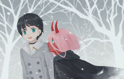  1boy bangs black_hair black_robe chu_dengdeng coat darling_in_the_franxx female female forest fur-trimmed_coat fur_trim green_eyes hair_between_eyes high_resolution hiro_(darling_in_the_franxx) horns hylx1996130 long_hair male nature outdoors pink_hair red_skin robe short_hair snow snowing standing very_high_resolution winter_coat zero_two_(darling_in_the_franxx) 