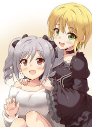  2girls blonde_hair blush choker commentary_request cosplay costume_switch drill_hair frilled_sleeves frills gothic_lolita green_eyes grey_hair idolmaster idolmaster_cinderella_girls kanzaki_ranko kanzaki_ranko_(cosplay) lolita_fashion long_sleeves looking_at_viewer miyamoto_frederica miyamoto_frederica_(cosplay) multiple_girls photoshop_(medium) red_eyes short_hair simple_background smile uraichishi 