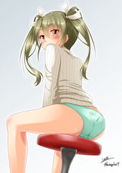  absurdres blush commentary_request female green_eyes green_hair highres kantai_collection kazami_ren_(fuushagoya) long_hair looking_back panties ribbed_sweater signature simple_background sitting solo stool sweater twintails underwear zuikaku_(kancolle) 