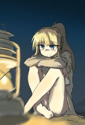  artist_name blonde_hair charlotte_lueder commentary_request cup female highres holding holding_cup lantern light long_hair makaze_(t-junction) military military_uniform night night_sky panties shadow sky solo star_(sky) starry_sky underwear uniform witches_of_africa world_witches_series 