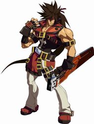  1boy 3d belt brown_hair fingerless_gloves gloves guilty_gear guilty_gear_xrd headband highres junkyard_dog_mk_iii long_hair male_focus muscular official_art one_eye_covered ponytail sol_badguy solo sword weapon 