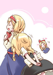  2girls alice_margatroid blonde_hair book bow braid closed_eyes commentary_request hairbow heart kirisame_marisa mayuge_inu multiple_girls shanghai_doll side_braid touhou tsundere yuri 