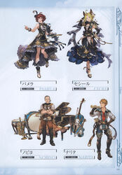  2boys 2girls absurdres animal_ears back belt blonde_hair blue_eyes boots bow bow_(music) cecile_(granblue_fantasy) cello clarinet crossed_arms dress erune facial_hair fingerless_gloves frills full_body glasses gloves granblue_fantasy hair_bun hair_ornament high_heels highres instrument knee_boots looking_at_viewer minaba_hideo mole mole_under_mouth multiple_boys multiple_girls narita_(granblue_fantasy) nobiyo_(granblue_fantasy) non-web_source official_art one_eye_closed pamela_(granblue_fantasy) pants photoshop_(medium) piano red_hair ribbon scan short_hair single_hair_bun sleeveless smile standing trumpet violin wrist_cuffs 