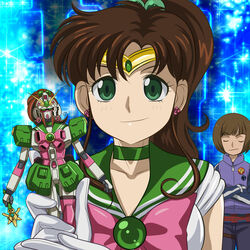  1boy bishoujo_senshi_sailor_moon bow brown_hair choker commentary_request crossover female green_choker green_eyes green_sailor_collar gundam gundam_build_fighters gunpla hair_bobbles hair_ornament kino_makoto magical_girl model_kit nobel_gundam nobel_gundam_deco pink_bow pirochi ponytail sailor_collar sailor_jupiter sailor_senshi_uniform sazaki_susumu 