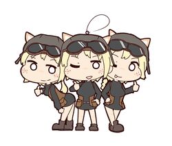  3girls ;d ;p abigail_(world_witches_series) animal_ears blonde_hair cat_ears cat_girl commentary_request goggles goggles_on_head hand_on_own_hip hand_on_shoulder hat honda_takashi_(enorea) marilyn_(world_witches_series) military military_uniform multiple_girls no_pants one_eye_closed open_mouth partial_commentary patricia_(world_witches_series) smile tongue tongue_out uniform witches_of_africa world_witches_series 