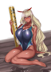  bare_shoulders blonde_hair breasts cleavage collarbone commentary_request competition_swimsuit dark-skinned_female dark_skin female hamushima huge_breasts itou_ittousai_(sengoku_bushouki_muramasa) long_hair looking_at_viewer one-piece_swimsuit parted_lips photoshop_(medium) pink_eyes sengoku_bushouki_muramasa sideboob signature sitting solo swimsuit thighs translation_request very_long_hair wariza 