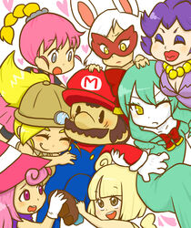  1boy 6+girls animal_ears blonde_hair blunt_bangs blush bob_cut bombette bow bow_(paper_mario) breasts brown_eyes brown_hair buttons cleavage closed_eyes collarbone colored_skin commentary_request curly_hair drill_hair facial_hair flurrie gloves goombella green_hair grey_eyes hair_ribbon hairbow harem hat heart jewelry lips lipstick long_hair luvbi makeup mario mario_(series) marisu mask mouse_ears moustache ms._mowz multiple_girls necklace nose oerba_yun_fang one_eye_closed open_mouth overalls paper_mario paper_mario:_the_thousand_year_door paper_mario_64 parted_bangs personification pink_hair ponytail purple_eyes purple_hair ribbon shadow_siren shoes short_hair sidelocks simple_background straight super_paper_mario suspenders teeth tongue vivian_(paper_mario) white_hair white_skin wings yellow_eyes |_| 