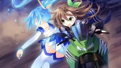  blue_hair bow brown_hair carrying choujigen_taisen_neptune_vs_sega_hard_girls closed_eyes detached_sleeves fingerless_gloves game_cg gloves green_eyes hair_ornament hairbow highres if_(neptunia) light_particles long_hair motor_vehicle motorcycle multiple_girls neptune_(series) official_art one_side_up ponytail ribbon riding sega_hard_girls sega_hatsumi thighhighs tsunako 