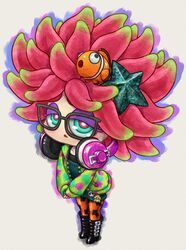  animal animal_print annie_(splatoon) bad_link black-framed_eyewear black_footwear blue_eyes boots bright_pupils clownfish eyeshadow female fish full_body glasses hair_ornament headphones headphones_around_neck hood hoodie long_sleeves makeup moe_(splatoon) ng_man open_mouth orange_pantyhose pantyhose pink_hair short_hair skull solo splatoon_(series) splatoon_1 squid star_(symbol) star_hair_ornament tentacle triangle_mouth tropical_fish 