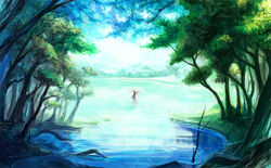  aka_tonbo_(lovetow) blonde_hair dress forest halo landscape original scenic tree water wings 