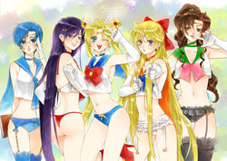  5girls adapted_uniform aino_minako ass bad_id bad_pixiv_id becassine bishoujo_senshi_sailor_moon black_panties blonde_hair blue_choker blue_eyes blue_hair blue_panties blue_sailor_collar book bow bow_panties breasts brown_hair choker cleavage crescent_brooch crop_top crop_top_overhang double_bun earrings elbow_gloves eyelashes finger_in_own_mouth frilled_panties frills garter_belt garter_straps glasses gloves green_choker green_eyes green_sailor_collar hair_bun hair_ornament hairclip headband hino_rei inner_senshi jewelry kino_makoto long_hair magical_girl midriff mizuno_ami multicolored_background multiple_girls navel one_eye_closed open_mouth orange_choker orange_sailor_collar panties parted_lips photoshop_(medium) pointing pointing_at_viewer purple_eyes purple_hair red_choker red_panties red_sailor_collar sailor_collar sailor_jupiter sailor_mars sailor_mercury sailor_moon sailor_senshi sailor_senshi_uniform sailor_venus short_hair signature smile thigh_gap thighhighs thong tsukino_usagi underwear v very_long_hair white_gloves white_panties 