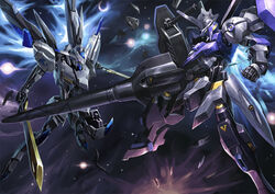  bad_id bad_pixiv_id commentary_request dual_wielding explosion glowing glowing_eyes gundam gundam_bael gundam_kimaris_vidar gundam_tekketsu_no_orphans holding holding_sword holding_weapon lance mecha momoto no_humans photoshop_(medium) polearm robot space sword thrusters weapon 