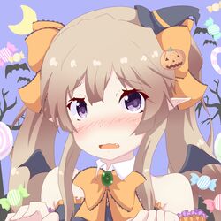  bare_shoulders bat_(animal) bat_wings blush bow bowtie brown_hair candy commentary_request crescent_moon elf female food frills hair_ribbon hairbow halloween hat moon myucel_foalan oerba_yun_fang outbreak_company pointy_ears pumpkin purple_eyes ribbon solo tree twintails wings witch_hat yasai_yuuki 