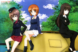  3girls absurdres brown_eyes brown_hair cloud collarbone crossed_arms day formal garrison_cap girls_und_panzer hand_on_own_hip hat highres itou_takeshi kuromorimine_military_uniform mature_female military military_uniform military_vehicle mother_and_daughter motor_vehicle multiple_girls nishizumi_maho nishizumi_miho nishizumi_shiho official_art on_vehicle ooarai_military_uniform outdoors pant_suit pants panzer_ii pleated_skirt school_uniform siblings sisters sitting skirt sky smile straight_hair suit tank uniform 