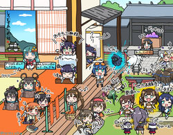  6+girls architecture banana blue_eyes blue_hair brown_hair chibi commentary_request east_asian_architecture eating food frankenstein&#039;s_castle fruit fukashi_(oshiro_project) goggles green_eyes hachimaki hat headband heavy_breathing iga_ueno_(oshiro_project) ishiyama_obou_(oshiro_project) iwabitsu_(oshiro_project) kinoshita_haruka komoro_(oshiro_project) long_hair matsumoto_(oshiro_project) mihara_(oshiro_project) mochi monkey_tail multiple_girls nagahama_(oshiro_project) neko_atsume odawara_(oshiro_project) osaka_(oshiro_project) oshiro_project:re otaki_(oshiro_project) parody ponytail purple_hair saika_(oshiro_project) senko_(oshiro_project) sitting tail takiyama_(oshiro_project) torii toyama_(oshiro_project) tsuruga_(oshiro_project) twintails twitter_username unworn_hat unworn_headwear wagashi yamashina_honganji_(oshiro_project) yosaka_(oshiro_project) 