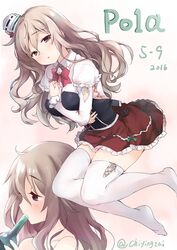  ascot bottle breasts brown_eyes chiyingzai commentary female grey_hair hat highres italian_text kantai_collection large_breasts long_hair mini_hat miniskirt multiple_views no_shoes pola_(kancolle) skirt thighhighs wavy_hair zettai_ryouiki 