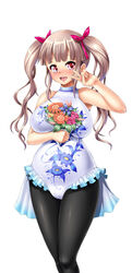  :d bare_shoulders black_pantyhose blunt_bangs blush bouquet bow breast_hold breasts brown_hair commentary_request female floral_print flower frills hairbow holding holding_flower large_breasts legs_together leotard long_hair nose_blush open_mouth original pantyhose red_eyes shousan_bouzu sidelocks simple_background smile solo standing tongue twintails v v_over_eye white_background 