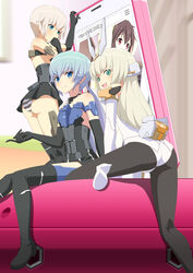  3girls ass bare_shoulders baselard black_gloves black_legwear blonde_hair blue_eyes blue_hair blush breasts brown_hair cellphone commentary_request elbow_gloves frame_arms_girl gennai_ao gloves gourai green_eyes headgear highres leotard long_hair looking_at_viewer mecha_musume mini_person minigirl multiple_girls panties pantyhose phone red_eyes robotic_vacuum_cleaner sanohiramugi short_hair skirt small_breasts smartphone smile striped_clothes striped_panties stylet thighhighs twintails underwear very_long_hair white_gloves white_leotard 