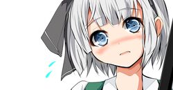  absurdres bad_id bad_pixiv_id blue_eyes blush commentary_request female flying_sweatdrops grey_hair hair_ribbon highres konpaku_youmu looking_at_viewer open_mouth portrait ribbon solo touhou velia 