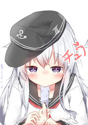  1boy :&gt;= anchor_symbol bad_id bad_pixiv_id blush commentary_request dated dreamusun eating feeding fellatio female flat_cap food food_in_mouth grey_hair hair_between_eyes hat hibiki_(kancolle) highres ice_cream kantai_collection long_hair long_sleeves looking_at_viewer neckerchief oral out_of_frame popsicle popsicle_in_mouth pov pov_hands purple_eyes sailor_collar school_uniform serafuku sexually_suggestive simple_background simulated_fellatio solo_focus straight translation_request white_background 