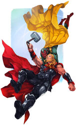  2boys android animification avengers:_age_of_ultron avengers_(series) beard blonde_hair blue_eyes commentary_request facial_hair hammer highres long_hair male_focus marvel marvel_cinematic_universe mjolnir_(marvel) multiple_boys nikumeron superhero_costume thor_(marvel) vision_(marvel) 