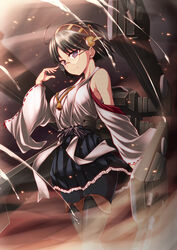  bad_id bad_pixiv_id bare_shoulders black_hair black_legwear blue_eyes blush boots breasts cannon detached_sleeves female glasses hairband japanese_clothes kantai_collection kirishima_(kancolle) medium_breasts nontraditional_miko pantyhose ribucci short_hair skirt smile solo thigh_boots thighhighs turret 