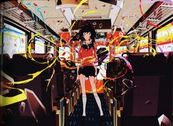  absurdres bag black_hair blue_eyes broken_glass bus bus_interior copyright_name debris english_text female glass highres looking_at_viewer motor_vehicle original scan shoulder_bag skirt solo standing supercell_(band) surprised third-party_source uki_atsuya 