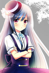  bad_id bad_pixiv_id blue_hair commentary_request crossed_arms female hat long_hair looking_at_viewer minamihama_yoriko original photoshop_(medium) pink_eyes short_sleeves solo very_long_hair 