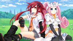  2girls blue_eyes boots bow choujigen_taisen_neptune_vs_sega_hard_girls elbow_gloves fingerless_gloves game_cg game_console gloves grass hair_ornament hairclip highres kneehighs long_hair multiple_girls necktie neptune_(series) official_art orange_eyes pink_hair red_hair sega_dreamcast sega_dreamcast_(sega_hard_girls) sega_hard_girls sitting socks tennouboshi_uzume tsunako twintails wariza 