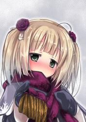  black_gloves blonde_hair blush commentary_request covered_mouth female flower flower_knight_girl gloves green_eyes grey_background hair_flower hair_ornament izumi_yukiru jitome looking_at_viewer mittens purple_flower purple_rose purple_scarf rose scarf short_hair snowdrop_(flower_knight_girl) solo twintails upper_body 