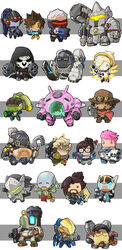  6+boys 6+girls armor artist_request bastion_(overwatch) beard bird black_hair blonde_hair blue_eyes blue_hair bomb brown_eyes brown_hair cassidy_(overwatch) chibi cigar cowboy_hat d.va_(overwatch) dark-skinned_female dark_skin dreadlocks dual_wielding everyone explosive eyepatch facial_hair facial_mark fire flaming_eyes gas_mask genji_(overwatch) glasses goggles gorilla green_eyes gun hair_ornament hairpin hammer hanzo_(overwatch) hat highres holding hook junkrat_(overwatch) lucio_(overwatch) mask mecha mechanical_wings mei_(overwatch) meka_(overwatch) mercy_(overwatch) multicolored_hair multiple_boys multiple_girls omnic overwatch overwatch_1 pharah_(overwatch) photoshop_(medium) pig_tattoo pink_hair ponytail reaper_(overwatch) reinhardt_(overwatch) roadhog_(overwatch) robot scar skull_mask soldier:_76_(overwatch) staff stomach_tattoo sword symmetra_(overwatch) tattoo torbjorn_(overwatch) tracer_(overwatch) weapon whisker_markings widowmaker_(overwatch) wings winston_(overwatch) zarya_(overwatch) zenyatta_(overwatch) 