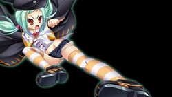  black_background black_coat boots brown_eyes chinkyuu clenched_hand coat cutoffs denim denim_shorts female flying_kick full_body green_hair hair_bobbles hair_ornament hairclip hat highres katagiri_hinata kicking koihime_musou long_hair midriff navel official_art open_mouth outstretched_arm shirt short_shorts shorts simple_background solo striped_clothes striped_thighhighs thighhighs twintails white_shirt 