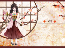  aka_tonbo_(lovetow) bell black_hair flowers japanese_clothes long_hair original red_eyes staff tree twintails 