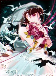  black_hair bouquet commentary_request dress female flower fuura_kafuka hair_ornament hairclip liarhatter looking_at_viewer purple_eyes sayonara_zetsubou_sensei short_hair smile solo veil wedding_dress white_dress 