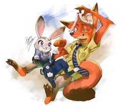  1boy bad_id bad_pixiv_id female furry green_eyes grin judy_hopps koyoi_mitsuki necktie nick_wilde police police_uniform purple_eyes smile uniform white_background zootopia 