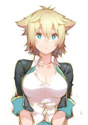  animal_ears black_hair blonde_hair blue_eyes blush breasts cleavage_cutout clothing_cutout commentary_request female gj-bu kirara_bernstein large_breasts looking_at_viewer multicolored_hair shirt short_hair sleeves_rolled_up solo taut_clothes taut_shirt two-tone_hair v_arms yasu 