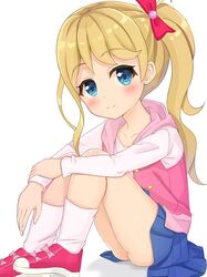  ass bad_id bad_pixiv_id blonde_hair blue_eyes blue_skirt blush bow closed_mouth collarbone commentary_request female fingernails hairbow head_tilt hood hooded_jacket hoshinogawa_haruka jacket kirakira_happy_hirake!_cocotama long_hair long_sleeves open_clothes open_jacket pink_footwear pink_jacket pleated_skirt red_bow shirt shoes side_ponytail sidelocks sitting skirt sleeveless sleeveless_jacket smile socks solo sutei_(xfzdarkt) very_long_hair white_background white_shirt white_socks 